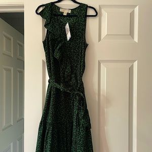 Michael Michael Kors sleeveless faux wrap dress in green leopard. NWT!